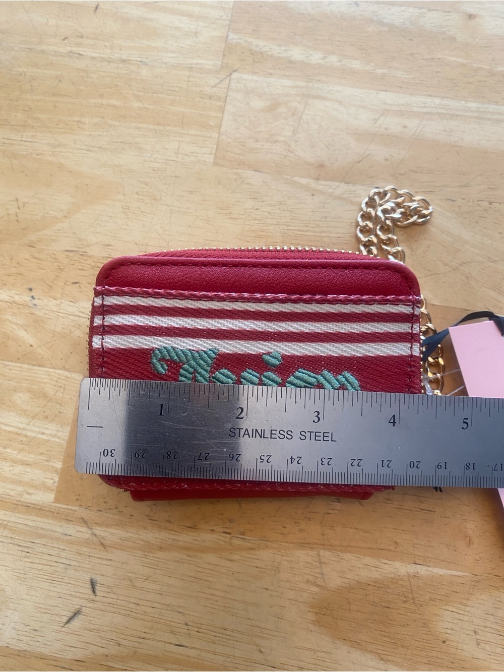 Juicy Couture Red Striped Zip wallet Id Card Holder w Chain & JC charm NWT - Picture 6 of 8